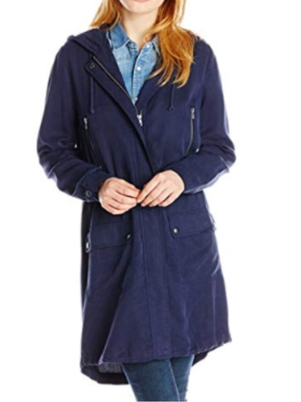 Bb Dakota navy blue zip up long jacket cinched size XS